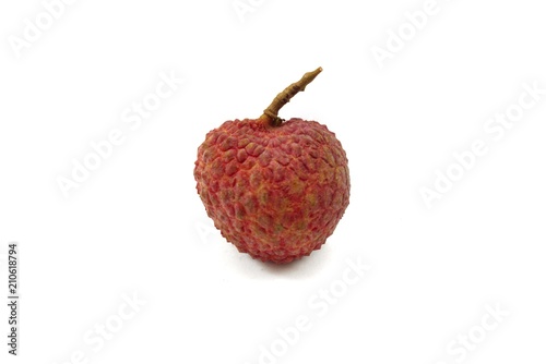 Top view of lychee isolated on white background, Tropical fruit, copy space. (SAPINDACEAE, Litchi chinensis)