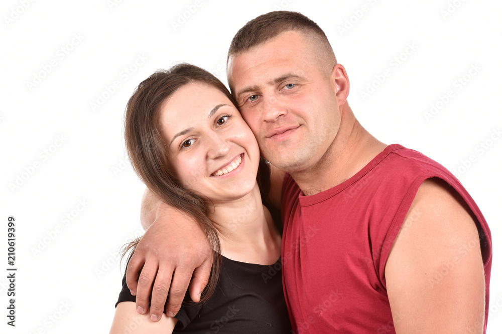 Young family on a white background. Perfect pair. A good relationship. Strong friendship. Young family on a white background. Perfect pair. A good relationship. Strong friendship.