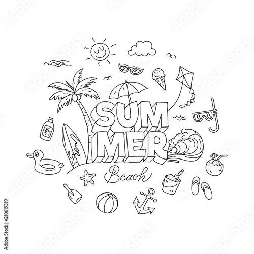 Summer time doodle artwork with beach holiday elements. Hand drawn illustration.