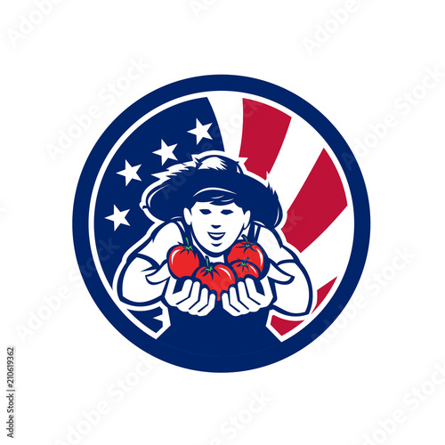 Icon retro style illustration of an American organic grown produce tomato farmer with United States of America USA star spangled banner or stars and stripes flag inside circle isolated background.