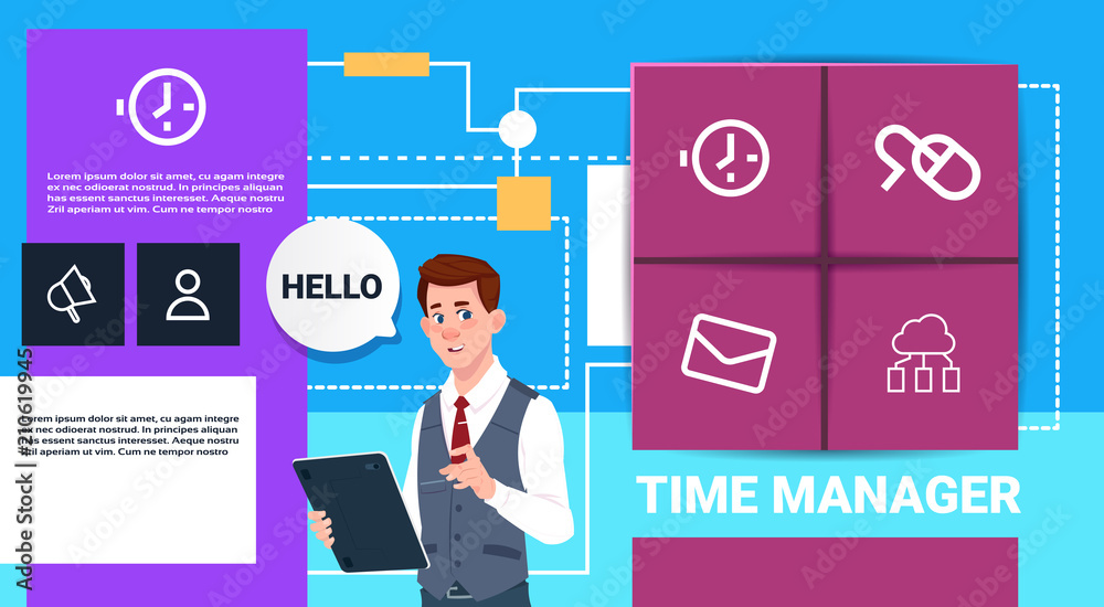 businessman with tablet time manager shedule presentation interface concept bubble support copy space vector illustration businessman with tablet time manager shedule presentation interface concept bubble support copy space vector illustration