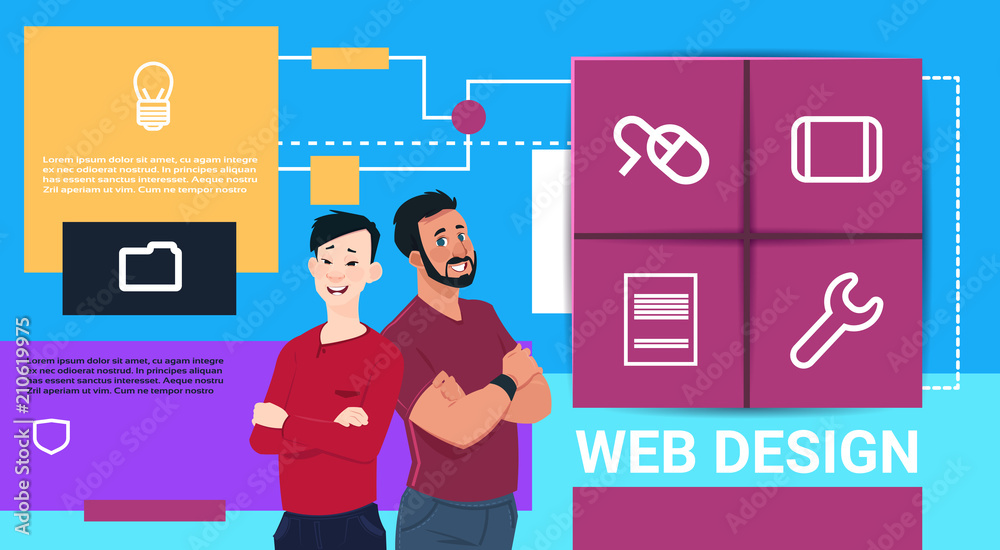 web design technology presentation two man mix race over interface icon website ideas information concept copy space banner flat vector illustration web design technology presentation two man mix race over interface icon website ideas information concept copy space banner flat vector illustration
