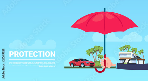 insurance service hand umbrella protective house car on blue background flat copy space banner vector illustration