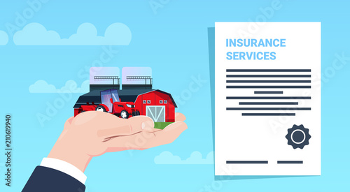 insurance service protection concept hand tractor farm agriculture policy contract on blue background flat vector illustration