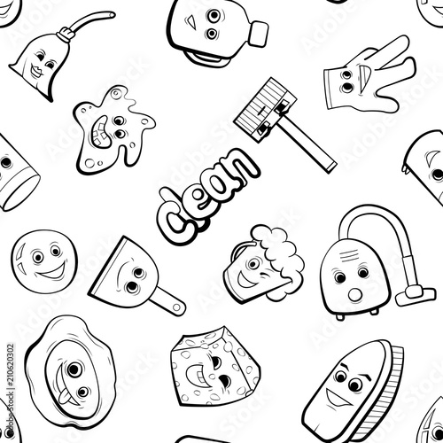 Cute cartoon items for cleaning. Housemaid work vector illustration. Seamless pattern background.