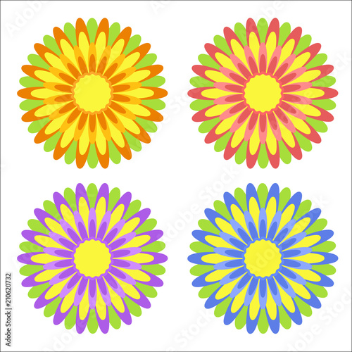 Set of flat isolated colored yellow, red, purple, blue abstract flowers with green leaves on a white background. Simple design for decoration