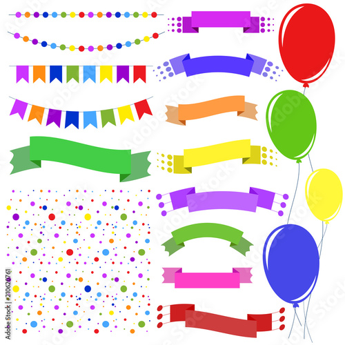 Set of flat colored insulated garlands, confetti, ribbons of banners and balloons on ropes on a white background. Suitable for design.