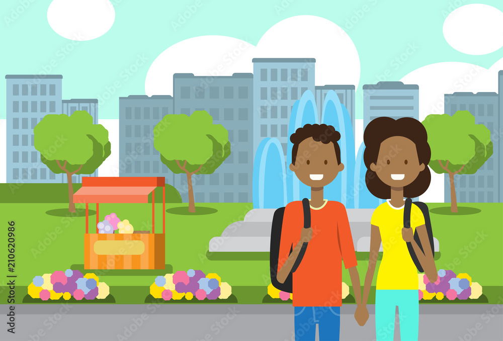 african teenager boy girl couple in love, portrait avatar over city park ice cream fountain flowers green lawn trees template background flat vector illustration african teenager boy girl couple in love, portrait avatar over city park ice cream fountain flowers green lawn trees template background flat vector illustration