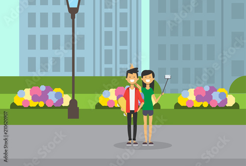 sister selfie stick hold horns brother skateboard full length avatar over city park street lamp green lawn flowers cityscape template background flat vector illustration