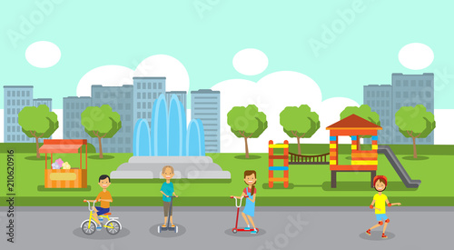 girls boys cycling riding gyroscooter full length over city park children playground fountain icecream flowers green lawn trees cityscape template background flat vector illustration