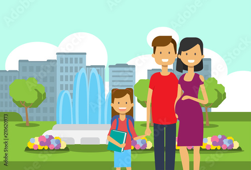pregnant mother father and daughter with book portrait avatar over city park children fountain flowers green lawn trees template cityscape background flat vector illustration