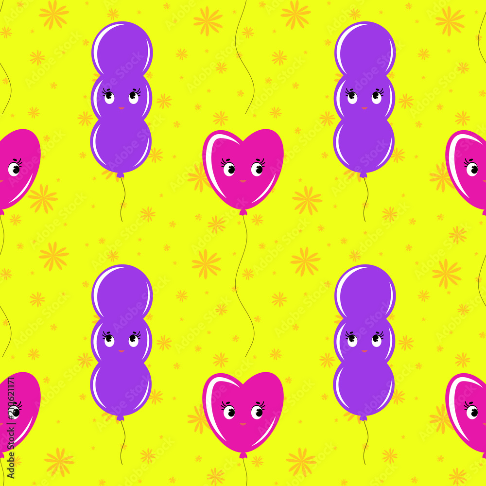 Color seamless pattern of balloons cartoon. Simple flat illustration on yellow background