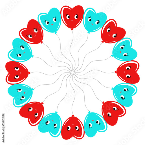 A round wreath of smiling balloons cartoon blue and red . On a white background