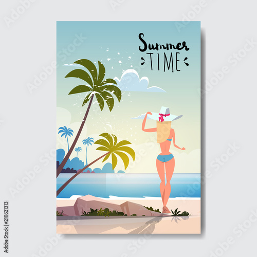 sexy woman relax sunny beach booty bare summer vacation rear view ass bikini badge Design Label. Season Holidays lettering for logo,Templates, invitation, greeting card, prints and posters. vector