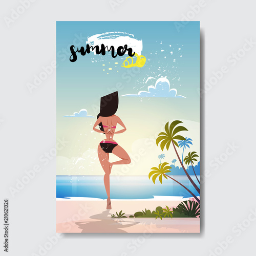 sexy woman doing yoga exercises beach booty bare ass bikini rear view summer vacation badge Design Label. Season Holidays lettering for logo,Templates, invitation, greeting card, prints and posters