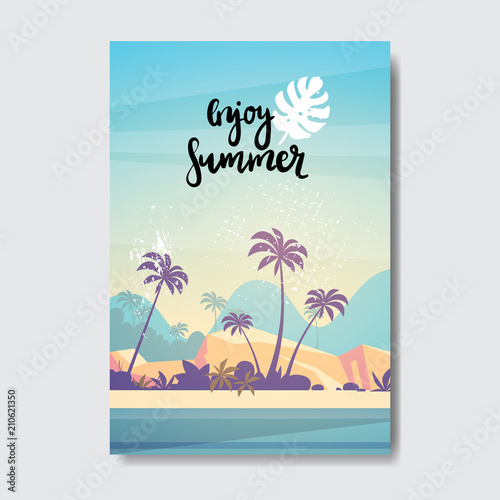 summer landscape palm tree beach sunset badge design label. season holidays lettering for logo, templates, invitation, greeting card, prints and posters. vector illustration