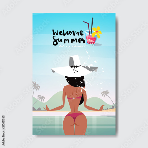sexy woman relax sunny beach booty bare rear view ass bikini summer vacation badge Design Label. Season Holidays lettering for logo Templates invitation greeting card prints and posters vector