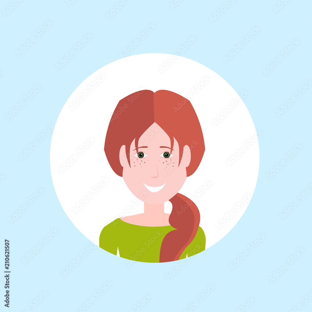redheat woman face portrait on blue background, female avatar flat vector illustration