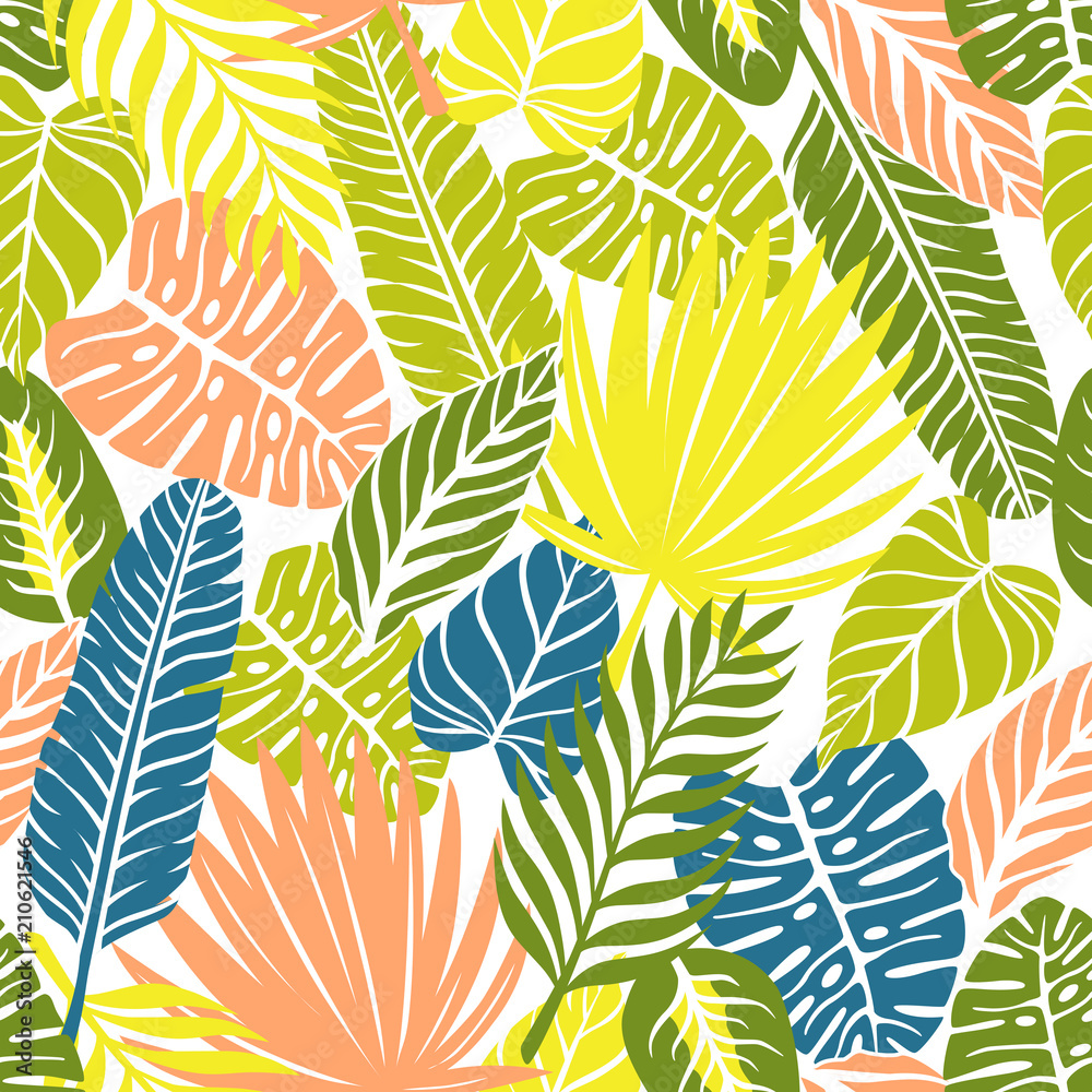 Fototapeta premium Exotic Jungle Plants Seamless Pattern on White Background.