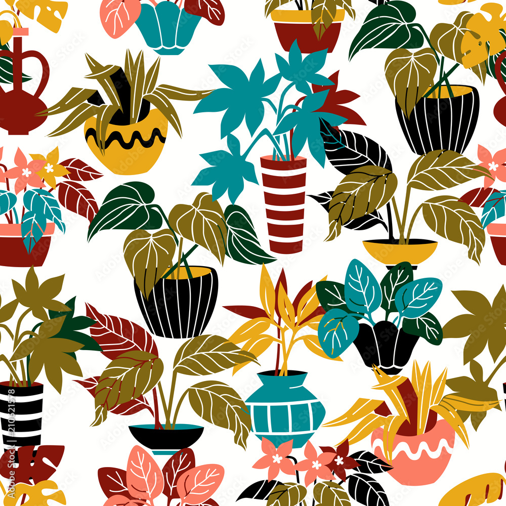 Fototapeta premium Seamless Floral Background with Plants in Pot on White Background.