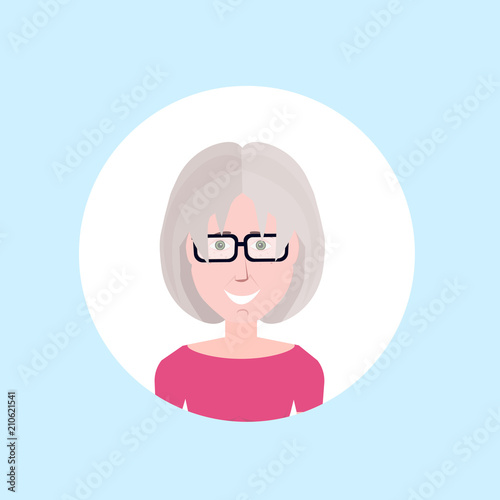 european old woman face happy portrait on blue background, female avatar flat vector illustration