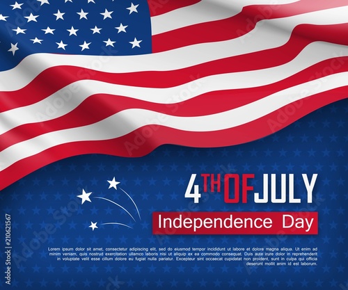 Independence day celebration. Fourth of July felicitation greeting card. Waving american national flag on blue background. United States of America federal patriotic holiday. Vector illustration