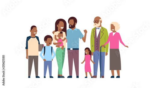 african grandparents parents children grandchildren, multi generation family, full length avatar on white background, happy family together concept, tree of genus flat cartoon vector illustration