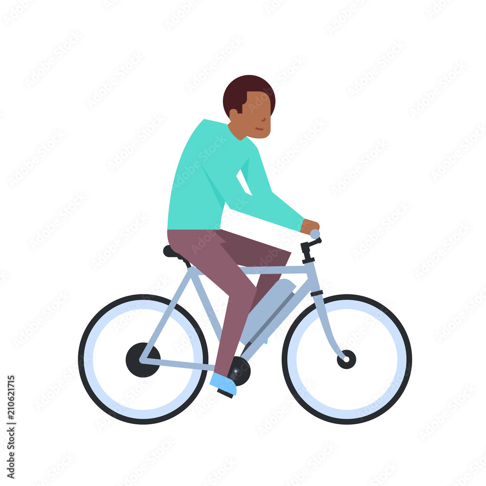 african boy riding electric bike over white background. hybrid bike concept. cartoon full length character. flat style vector illustration