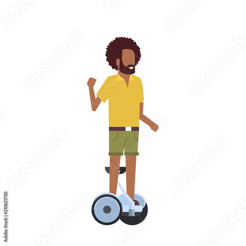 african boy riding gyroscooter over white background. gyroboard concept. cartoon full length character. flat style vector illustration