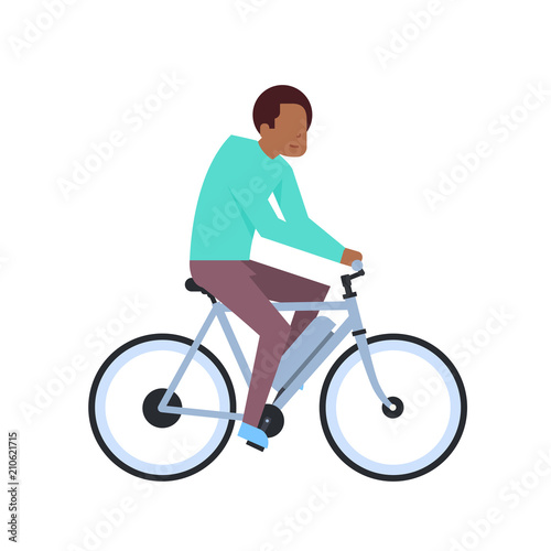 african boy riding electric bike over white background. hybrid bike concept. cartoon full length character. flat style vector illustration