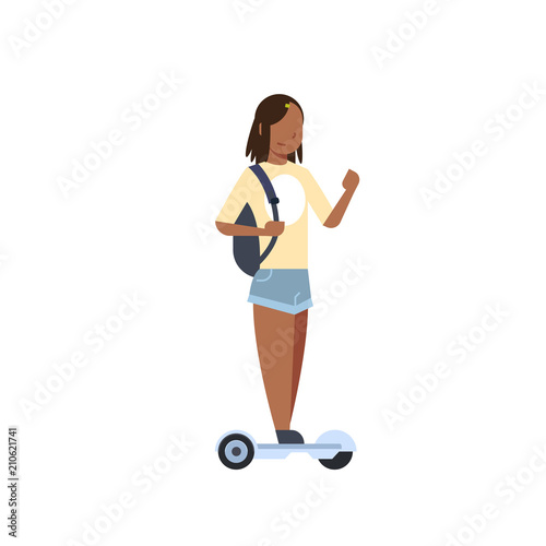 african girl riding gyroscooter over white background. gyroboard concept. cartoon full length character. flat style vector illustration