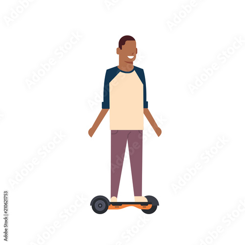 african boy riding gyroscooter over white background. gyroboard concept. cartoon full length character. flat style vector illustration