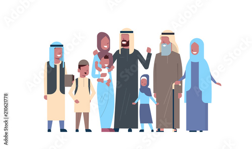 arab grandparents parents children grandchildren, multi generation family, full length avatar on white background, happy family together concept, tree of genus flat cartoon vector illustration