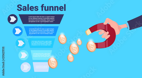 hand hold magnet sales funnel money coins pulling. purchase diagram concept over blue background flat design vector illustration
