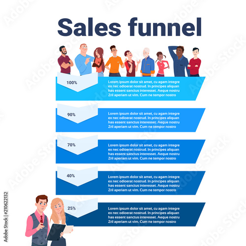 sales funnel with mix race people portrait stages business infographic. purchase diagram concept over white background copy space flat design vector illustration