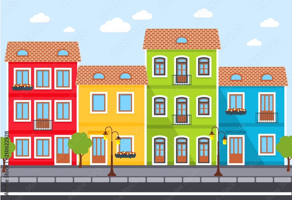 Street. City background . Town scene with row of houses along the street. Vector illustration.