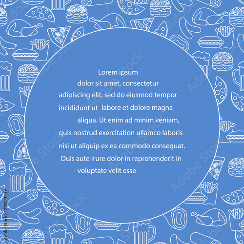 Beer, different types of food and fast food.