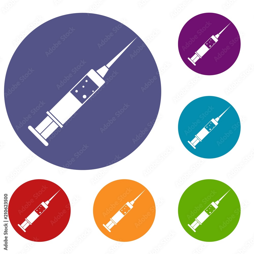 Injection syringe icons set in flat circle red, blue and green color for web Injection syringe icons set in flat circle red, blue and green color for web