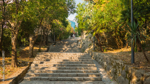 Cuadro en lienzo Wide brick stair going up with plants on the sides, Herceg Novi old town, Monten