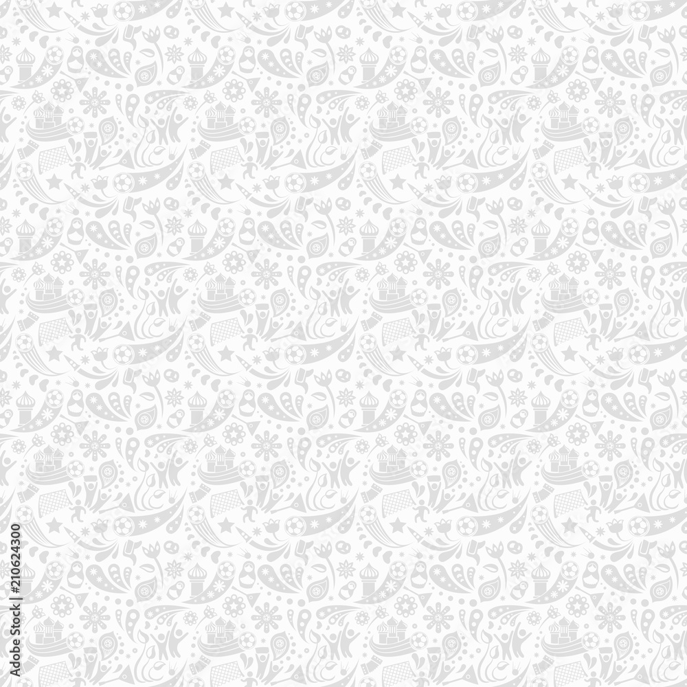Russia and football cup gray seamless pattern. Football background with modern and traditional Russian elements. Vector illustration.