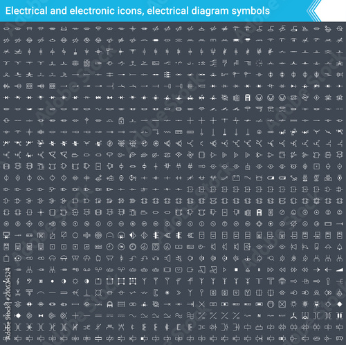 Electrical and electronic icons, electrical diagram symbols. Circuit diagram elements. Stoke vector icons isolated on dark background.