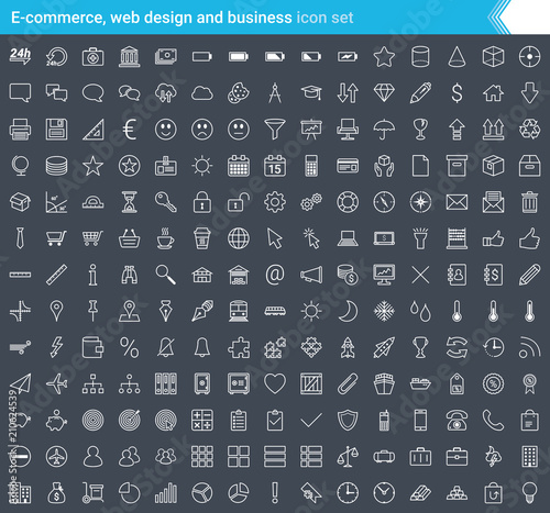 Business, e-commerce, web and shopping icons set in modern style isolated on dark background. Stroke icons.
