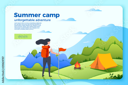 Vector bright camping banner template with tourist girl looking on bonfire near the tent, on bright summer background with mountains and forests. With place for your text.
