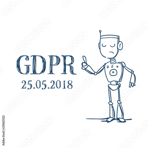 robot Artificial Intelligence General Data Protection Regulation GDPR server security guard over white background hand drawn vector illustration