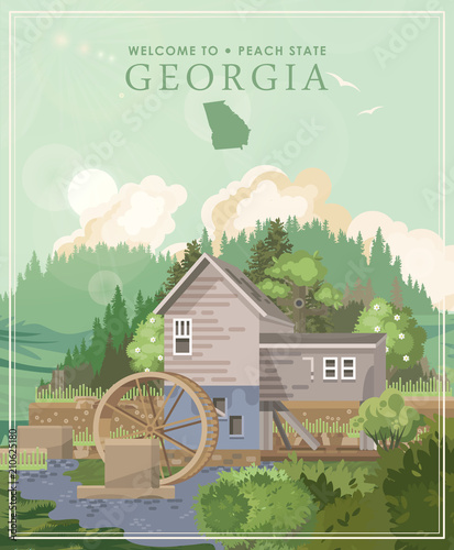 Georgia USA postcard. Peach state vector poster. Travel background in flat style.