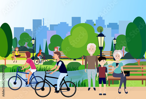 city park outdoors grandparents wooden bench street lamp river man woman cycling green lawn trees on city buildings template background flat vector illustration