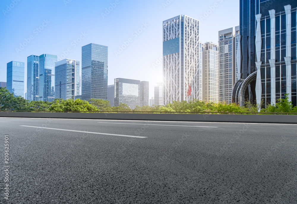 Air highway asphalt road and office building of commercial building in modern city