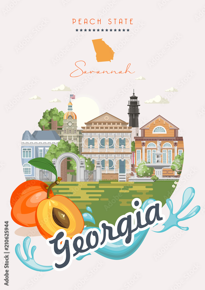 Georgia USA postcard. Peach state vector poster. Travel background in flat style.