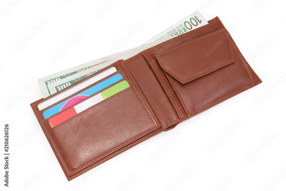 Open brown leather wallet with money and bank cards Open brown leather wallet with money and bank cards