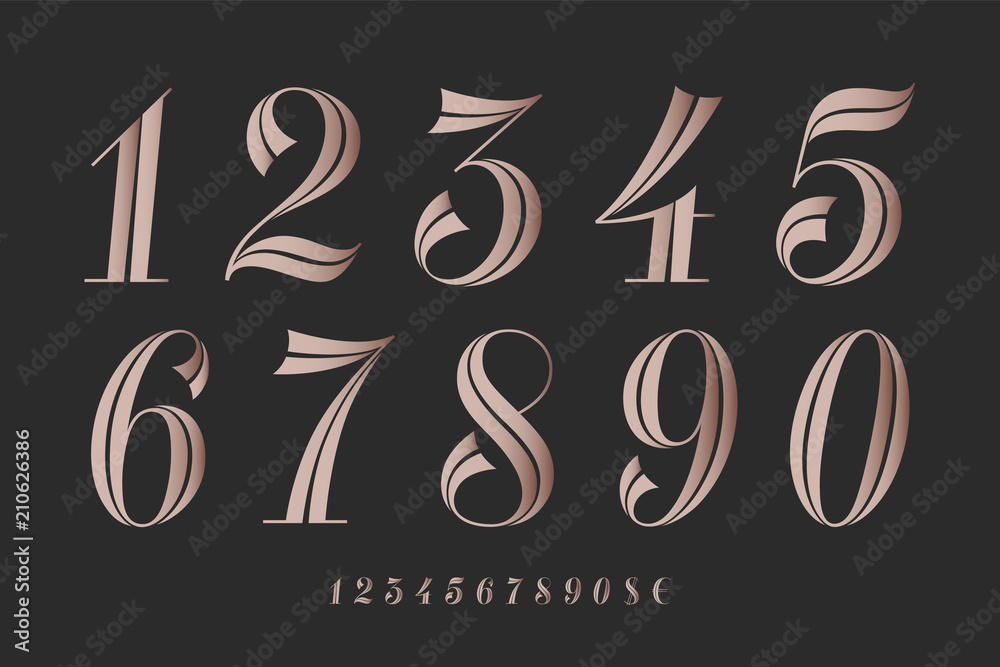 Numbers font. Classical elegant font of numbers with contemporary geometric design. Beautiful elegant retro stencil numeral, dollar and euro symbols. Vintage and retro typographic. Vector Illustration